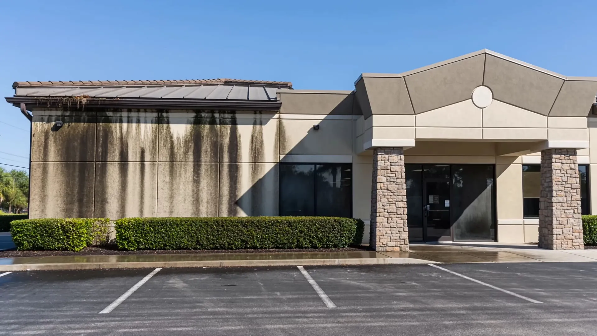 Before cleaning: algae-streaked commercial wall